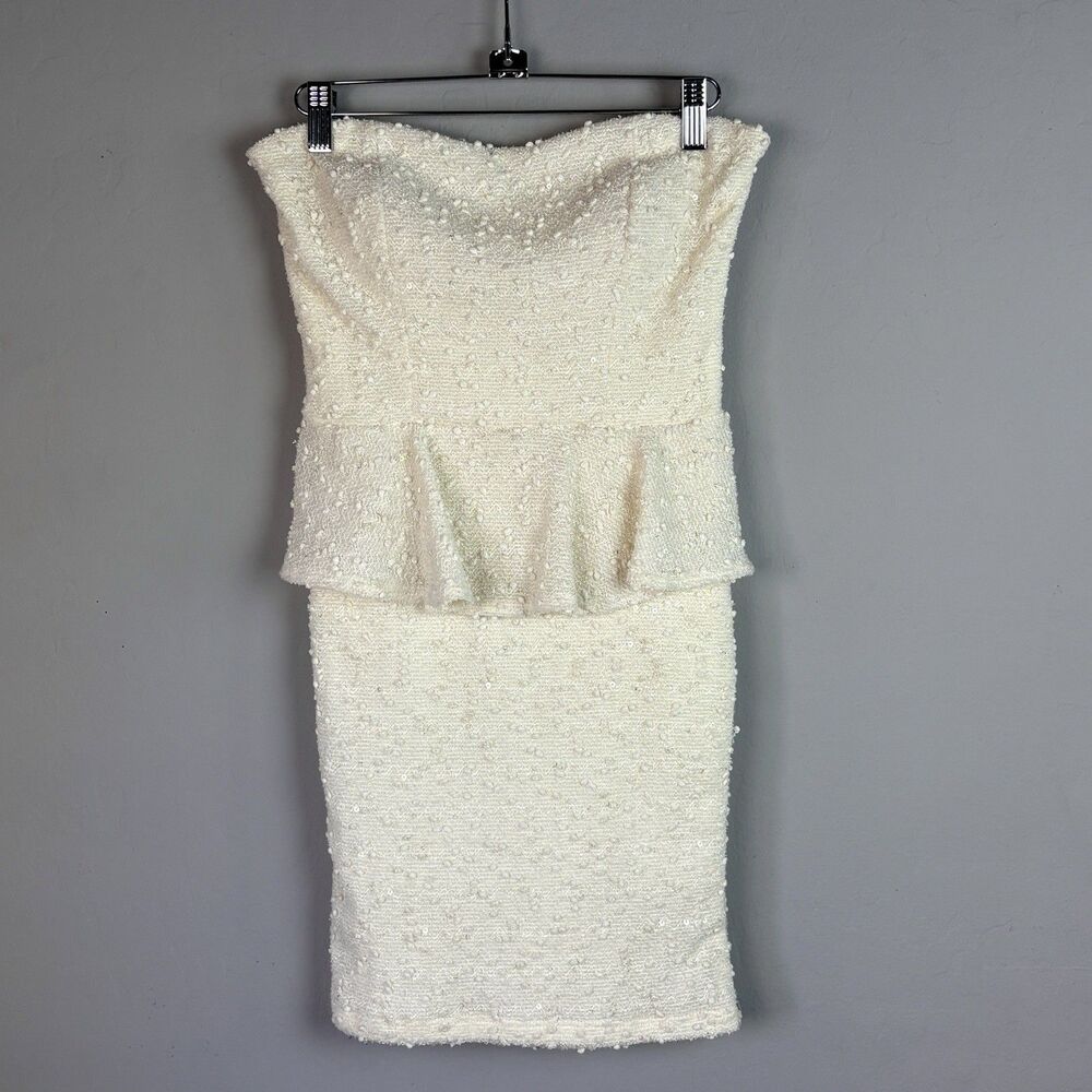 Windsor Dress Womens M Ivory Boucle Texture Gold Threads Peplum Y2K Coquette